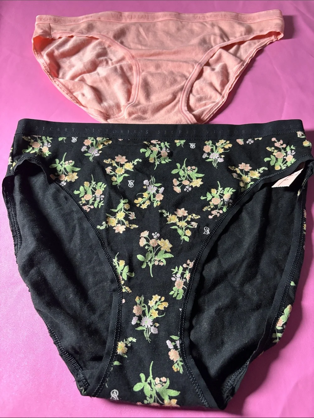 Victoria's Secret Black Floral Bikini Briefs with Pink and Red Accents